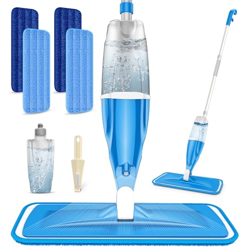 Spray Mop for Hardwood Floors Cleaning: Microfiber Wet Dry Floor Mops with 4 Washable Pads for Swiffer PowerMop - Flat Mop with Sprayer for Kitchen Tile Wood Laminate Vinyl - color: Light Blue