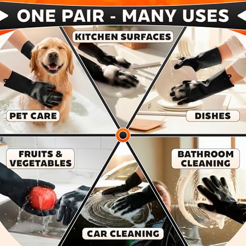ALPENKOK Silicone Dishwashing Gloves with Scrubber – Non-Slip Silicone Gloves for Washing Dishes | Household Use - color: Black