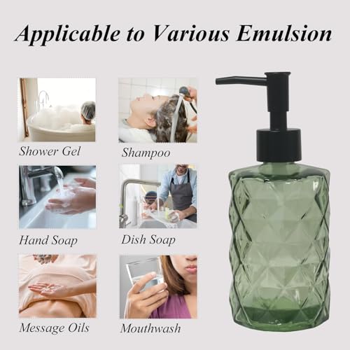 12Oz Small Glass Soap Dispenser with Black Plastic Pump, Green Refillable Kitchen Countertop Liquid Hand Soap Dispensers with Diamond Design, Crystal Bathroom Lotion Bottle for Dispense Dish Soap - color: Green Diamond