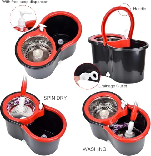 360° Spin Mop Bucket Sets with Wring System in 3 Microfiber Heads, Stainless Steel Basket 61" Extended Handle Floor Cleaning (Black)
