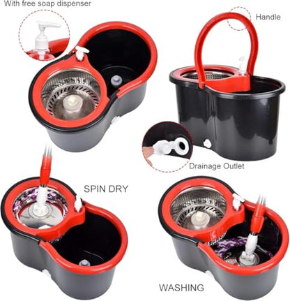 360° Spin Mop Bucket Sets with Wring System in 3 Microfiber Heads, Stainless Steel Basket 61" Extended Handle Floor Cleaning (Black)