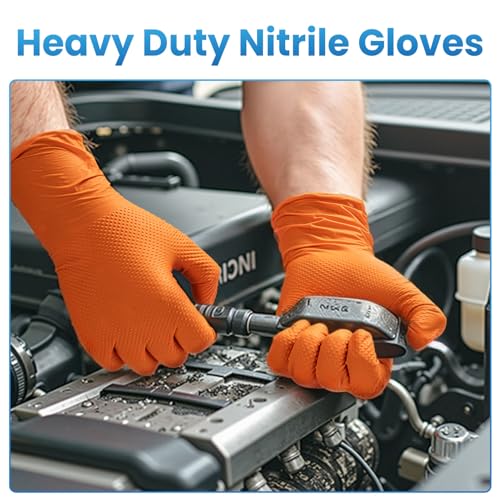 Borje Orange 8 Mil Nitrile Disposable Gloves, Heavy-Duty Mechanic Gloves, 100 Count, Large, Latex & Powder Free with Raised Diamond Texture, Industrial, Automotive, Gardening - size: Large, style: Orange of 100