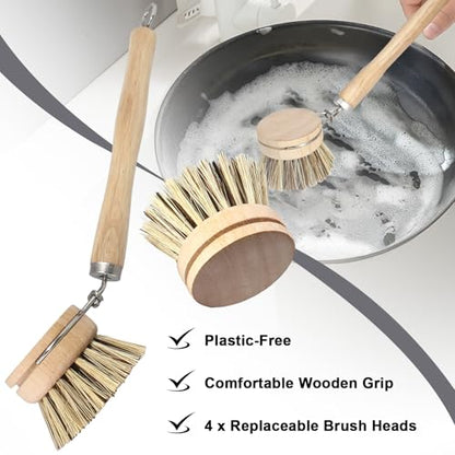 Wooden Dish Brush Set, 4 Natural Bristle Replacement Heads with 1 Sturdy Wooden Handle, Palm Kitchen Scrub Brush for Pots, Pans, Vegetables and Cookware - size: Hard