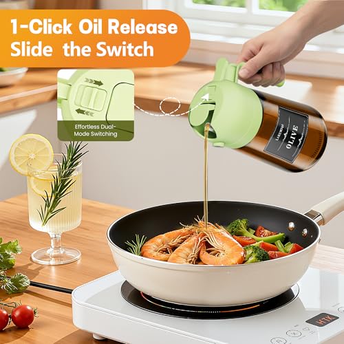OURCABECUE 2 in 1 Olive Oil Sprayer for Cooking, 16oz Olive Oil Dispenser Bottle for Kitchen, Light-Blocking Dark Glass Oil Bottle, Food-Grade Oil Mister with 8 Oil Stickers (Brown Bottle-Green Cap) - color: Dark Brown and green