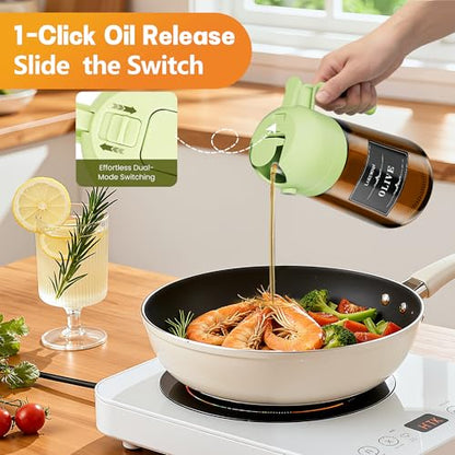 OURCABECUE 2 in 1 Olive Oil Sprayer for Cooking, 16oz Olive Oil Dispenser Bottle for Kitchen, Light-Blocking Dark Glass Oil Bottle, Food-Grade Oil Mister with 8 Oil Stickers (Brown Bottle-Green Cap) - color: Dark Brown and green