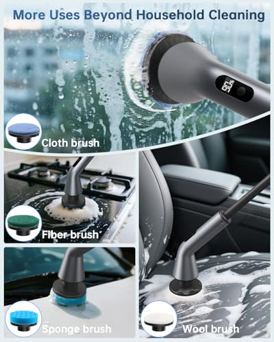 VICNOVA Electric Spin Scrubber, IPX7 Waterproof 2-Speed, Extendable Long Handle Cordless Cleaning Brush with 7 Replacement Brush Heads for Bathroom Shower Bathtub Glass Tub Tile Floor Car
