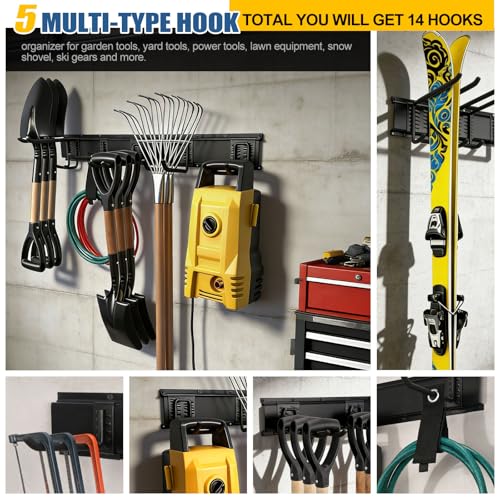 66'' Garage Tool Organizer Wall Mount 18Pack 750lbs Heavy Duty | Include 14 Adjust Hooks Garden Tool Organizer, Garage Wall Organizer for Garden Yard Tool Shovel Rake Broom Ladder Weed Eater - size: 66''-18Pack