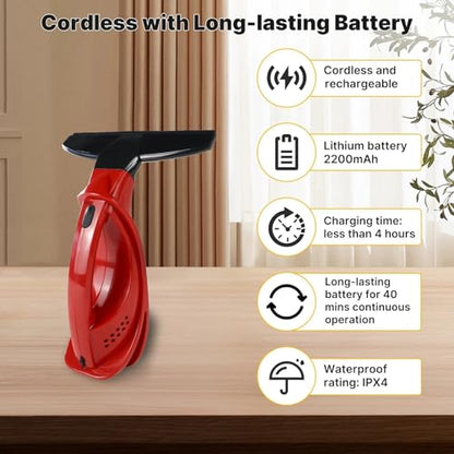 Window Vacuum Squeegee Cordless, Window Vac with Detachable 200ml Water Tank and Strong Suction, Electric Window Cleaning Tool for Window, Mirror, Countertop, Tile