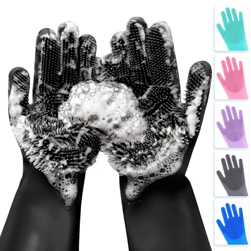 ALPENKOK Silicone Dishwashing Gloves with Scrubber – Non-Slip Silicone Gloves for Washing Dishes | Household Use - color: Black