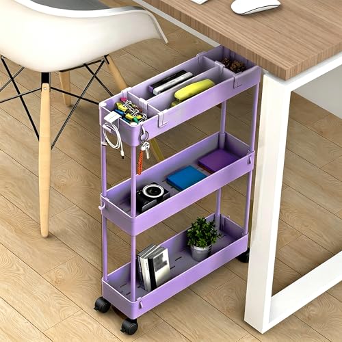 SPACELEAD Slim Storage Cart 3 Tier,Bathroom Organizer Rolling Utility,Mobile Shelving Unit Slide Out for Office, Kitchen, Laundry Room & Narrow Places,Purple - color: Purple