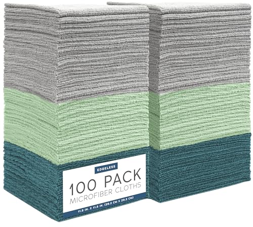 S&T INC. 100 Pack Microfiber Cleaning Cloth, Edgeless Bulk Towels for Home, Reusable Microfiber Towels for Cars, Cleaning Rags, Assorted Green and Grey, 11.5 Inches x 11.5 Inches, 100 Count - color: Green