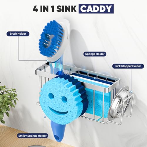 MURLONG Sponge Holder for Kitchen Sink,Sink Caddy Smiley Face,4-in-1 Sponge Holder with Suction Cups & 1 PCS Adhesive Strips for Holding Soap,Brush,Scrubber,Sponge,Stopper-Silver - color: Silver