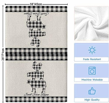 Farm Buffalo Plaid Kitchen Towel Set of 2, Absorbent Microfiber Hand Towels for Kitchen Bathroom Bar Decorative Pig Cow Chicken Ultra Soft Resuable Cleaning Cloths Washable Fast Drying - size: 2PCS-18" x 28"