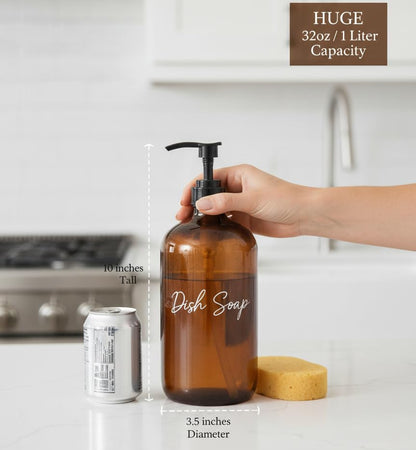 32 Ounce Glass Pump Dispenser Bottle, Large Amber Container with Pump for Shower and Bath Shampoo Soap Conditioner Lotion - 1 Liter - by Kitchentoolz - color: Amber, size: Pack of 4