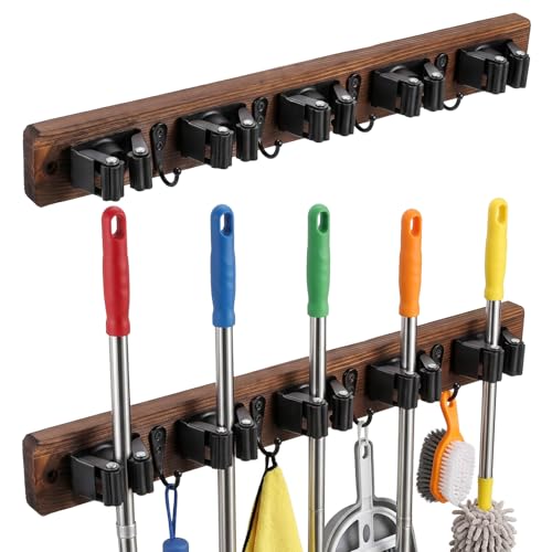 2 Pack Broom Holder Wall Mount Rustic Wood Broom Hanger Wall Mount With 5 Slots And 4 Hooks Mop And Brooms Organizer Walls Hanging For Laundry Rooms Garage Kitchen Closet Decor Brown
