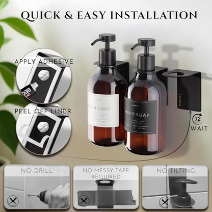 Wall Mount Soap Dispenser Holder, 2 Pack – 304 Stainless Steel, 2.95"×1.97"×2.56", 1.1" Neck Fit, No-Drill Peel & Stick Adhesive, Rustproof, Fits LUSSPA Bottles (Matte Black) - color: Matte Black