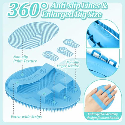 Silicone Back Scrubber & Bath Glove Set 2PCS, 13.4'' Gentle Shower Back Scrubber with Dual-Side Head Non-Slip Handle, 360° Anti-Slip Hand-fit Bath Glove for Rich Foaming Deep Cleaning(Blue) - color: Blue*2