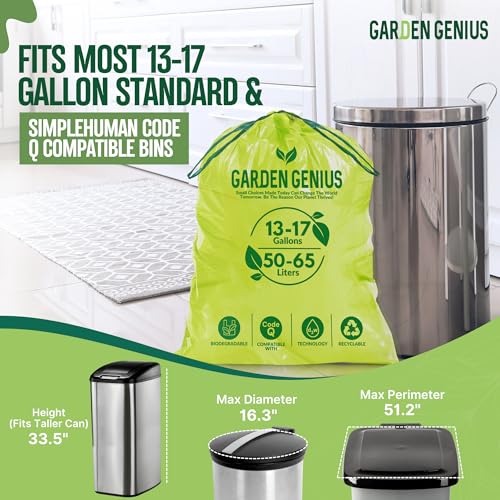 Biodegradable 13-17 Gallon Code-Q Trash Bags (50 Pack) | Strong Heavy-Duty Tall Green Kitchen Bags w/ Drawstring | Fits Simplehuman & Standard Cans | Eco-Friendly D2W, 30 Micron Thick | 25.6" x 33.5" - style: Code-Q
