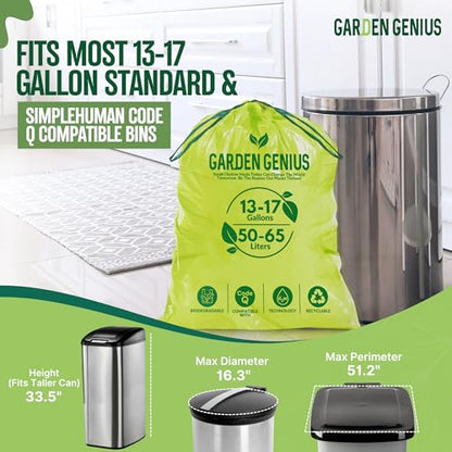 Biodegradable 13-17 Gallon Code-Q Trash Bags (50 Pack) | Strong Heavy-Duty Tall Green Kitchen Bags w/ Drawstring | Fits Simplehuman & Standard Cans | Eco-Friendly D2W, 30 Micron Thick | 25.6" x 33.5" - style: Code-Q