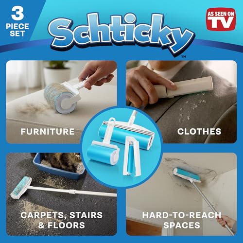Schticky Lint Roller Set - Reusable & Washable Lint Roller Cleaner for Clothes Sofa Furniture Car Cat Dog Hair - Clean in a Quicky with Schticky (3 Piece Set)