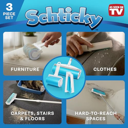 Schticky Lint Roller Set - Reusable & Washable Lint Roller Cleaner for Clothes Sofa Furniture Car Cat Dog Hair - Clean in a Quicky with Schticky (3 Piece Set)