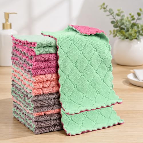 10 Pack Kitchen Cloth Dish Towels, Premium Dishcloths,Highly Absorbent Coral Fleece Cleaning Cloth, Nonstick Oil Washable Fast Drying 11.02x6.30inches(Multicolor Pack)