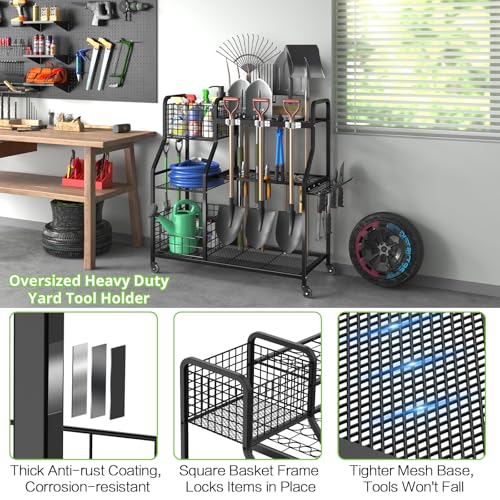 keomaisyto Garden Tool Organizer with Heavy Duty Wheels for Garage - with 2 Baskets, Large Yard Tool Organizer and Storage Holder, Utility Garden Tool Rack for/Shed/Garage/Yard/Basement/Lawn - size: Extra Extra Large-with Industrial Wheels