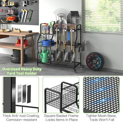 keomaisyto Garden Tool Organizer with Heavy Duty Wheels for Garage - with 2 Baskets, Large Yard Tool Organizer and Storage Holder, Utility Garden Tool Rack for/Shed/Garage/Yard/Basement/Lawn - size: Extra Extra Large-with Industrial Wheels