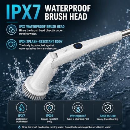 Electric Spin Scrubber, 45LBS High Torque Deep Cleaning Scrubber, Cordless Cleaning Brush with Adjustable Handle & 7 Replaceable Heads, Heavy-Duty Bathroom Scrubber for Bathroom Cleaning (White)