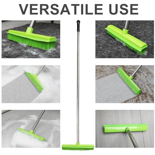 Rubber Broom and Dustpan Set,Pet Hair Removal Rubber Broom with Squeegee and Stainless Steel Dust Pan,Carpet Rake Push Broom and Dustpan for Fluff Hardwood Floor Tile (Green) - color: Green