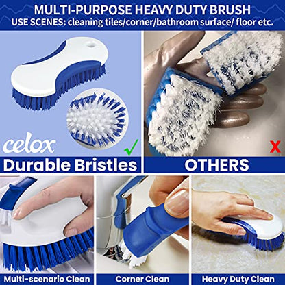 CELOX 5 Pack Kitchen Scrub Brush Set with Ergonomic Handle and 12 Pack Dual-Sided Natural Cellulose Sponge for Dishwashing