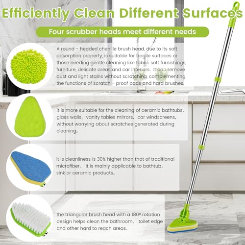 4-in-1 Tile Tub Floor Scrubber with 52-inch Adjustable Long Handle Shower Cleaner Brush with V-Shaped Grout Brush and 3 Replacement Brush Heads for Cleaning Bathroom Kitchen Walls Tub Tile