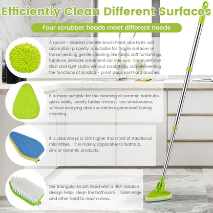 4-in-1 Tile Tub Floor Scrubber with 52-inch Adjustable Long Handle Shower Cleaner Brush with V-Shaped Grout Brush and 3 Replacement Brush Heads for Cleaning Bathroom Kitchen Walls Tub Tile