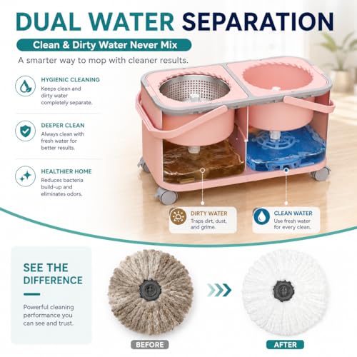 2026 Upgraded Gen 2 Spin Mop and Bucket Set with 4 Swivel Wheels for Easy Rolling, Separates Clean & Dirty Water, Floor Mop with 6 Washable Mop Heads for Wood, Tile, Vinyl, Baseboards - Pink - size: Pink Mop Bucket + 6 Extra Refill