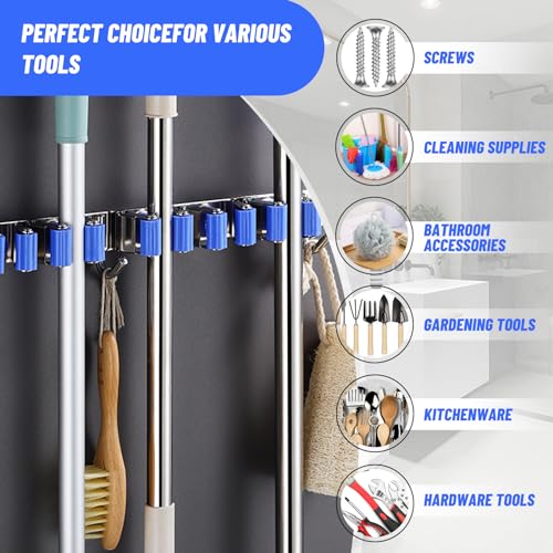 Tefola Broom Holder, Wall Mounted Organizer, Broom Mop Holder Tidy Organizer, Mop and Broom Holder Self Adhesive, Stainless Steel Broom Holder Wall Mounted for Brush Mop and Broom Tool Storage