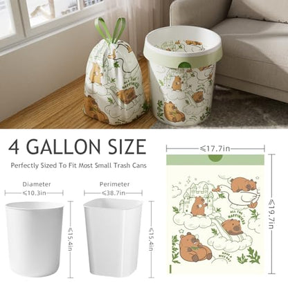 4 Gallon Trash Bags, Small Garbage Bags with Drawstring and Printed Design, Tear-Free, Leakproof & Durable Small Trash Bags for Bathroom, Office, 50 Count - style: 4 Gallon Capybara Trash Bags - 50 Counts