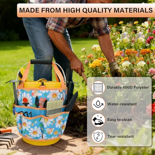 KUNN 5 Gallon Bucket Organizer 18-Pocket Tool Bag with Hangable Handle | Heavy-Duty Garden Caddy & Bucket Accessory for Gardening Tools, Orange - style: Sunny Daisy