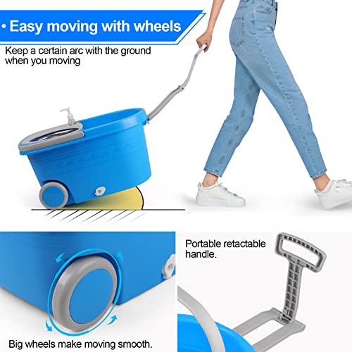 Mop Bucket with Wringer Set, Extended Stainless Steel Handle, 3 Microfiber Replacement Mop Head Refills, 2 Wheels for Household Cleaning, Hardwood Floor Tiles, Blue/Gray