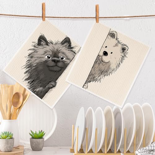 2 Pcs Cartoon Peeking Pomeranian Dog Swedish Dishcloths for Kitchen, Absorbent Reusable Paper Towels, Cute Samoyed Puppy Geometry Kitchen Towels for Bathroom Home, Dog Lover Gifts for Women - color: Sz 0757