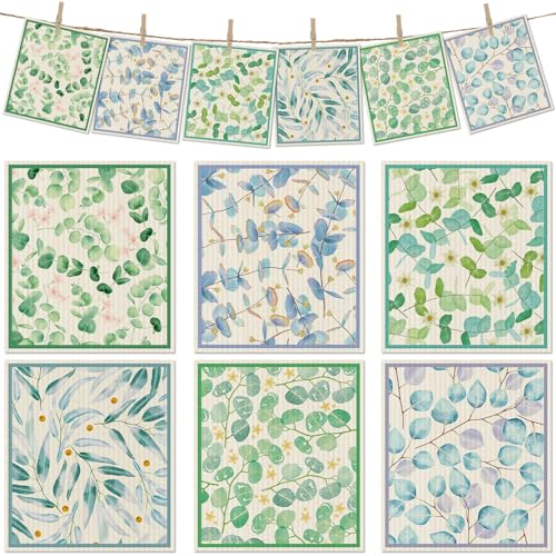 6 Packs Swedish Paper Cloths for Kitchen, Reusable Paper Towels Washable Dish Rags, Highly Absorbent Kitchen Towels Quick Drying Swedish Sponge Cleaning Dish Cloths(Eucalyptus Leaves) - color: Eucalyptus Leaves
