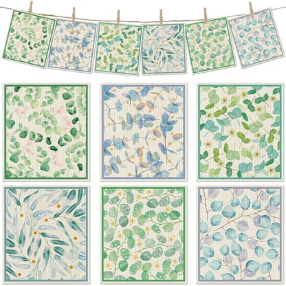 6 Packs Swedish Paper Cloths for Kitchen, Reusable Paper Towels Washable Dish Rags, Highly Absorbent Kitchen Towels Quick Drying Swedish Sponge Cleaning Dish Cloths(Eucalyptus Leaves) - color: Eucalyptus Leaves