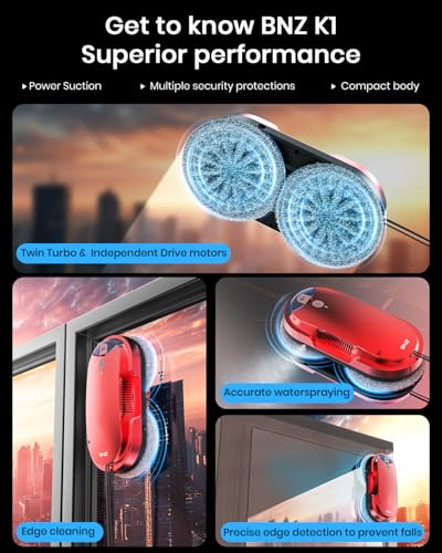 BNZ Smart Window Cleaning Robot, Twin Turbo & Dual Auto-Spray Window Cleaner with Multiple Safety System, AI Path Planning, Frameless Edge Detection, K1 (Ruby Red) - color: Ruby Red