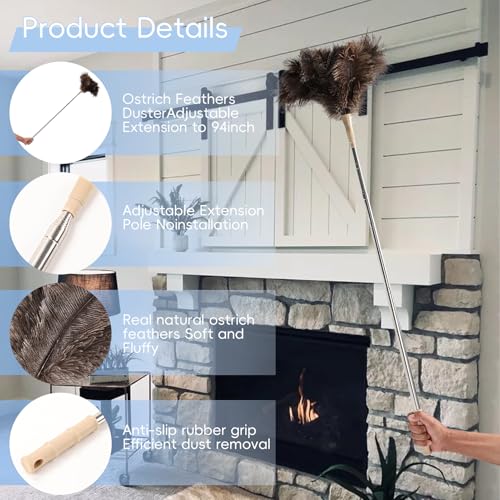 THARAHT Extendable Ostrich Feather Duster up to 27-94 inches Fluffy Feathers Long Handle Reusable for Cleaning Ceiling Fan Pendant lamp High Ceiling Blinds Furniture Feather Duster - size: 27-94inch