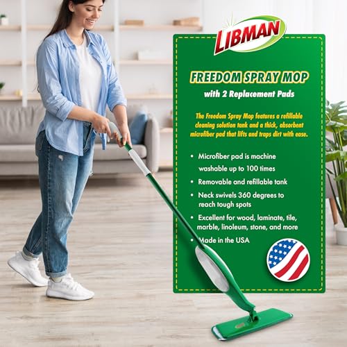 Libman Freedom Spray Mop Kit, Microfiber Wet Mops for Floor Cleaning, Hardwood, Laminate, Tile Cleaner, Household Tool, 24 Oz Solution Tank, Two Extra Replacement Refill Heads Included - style: Spray Mop Kit