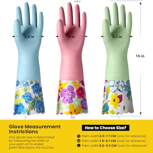 KAQ 3 Pairs Rubber Cleaning Gloves, Reusable Dishwashing Gloves for Kitchen with Cotton Liner, Long Cuff 16", Waterproof Non-Slip Household Gloves for Bleaching Bathroom, Laundry, Gardening (Large) - size: Large(Pack of 3)