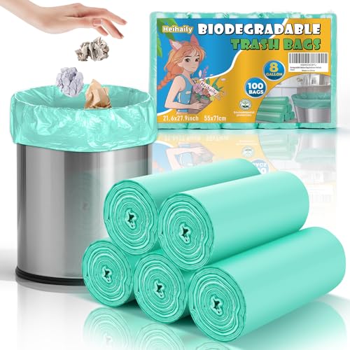 Biodegradable Medium Trash Bags 8 Gallon - Compostable Clear Green Garbage Bags Unscented 100 Count Strong Thick Waste Basket Can Liners for Home Office Bedroom Heihaily - style: Bio-8gal Green 100