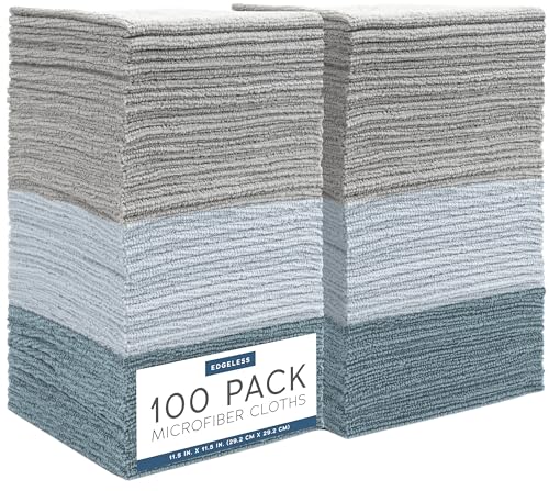 S&T INC. 100 Pack Microfiber Cleaning Cloth, Edgeless Bulk Towels for Home, Reusable Microfiber Towels for Cars, Cleaning Rags, Assorted Blue and Grey, 11.5 Inches x 11.5 Inches, 100 Count - color: Blue