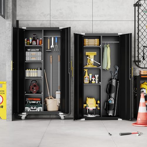 Broom Closet Storage Cabinet, Metal Cleaning Cabinets with Hanging Rod and S-Hooks, Lockable Tool Cabinets, Utility Cabinet for Garden, Office, Laundry Room, Black - color: Black