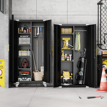 Broom Closet Storage Cabinet, Metal Cleaning Cabinets with Hanging Rod and S-Hooks, Lockable Tool Cabinets, Utility Cabinet for Garden, Office, Laundry Room, Black - color: Black