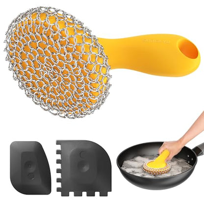 SUBEKYU Cast Iron Scrubber with Silicone Handle, Stainless Steel Skillet Cleaner for Cast Iron Pans (Yellow Scrubber + Scraper) - color: Yellow Scrubber + Scraper